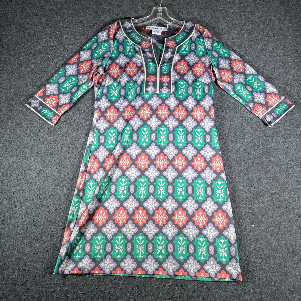 Gretchen Scott Women Small Geometric Floral Tile Split Neck 3/4 Sleeve Dress